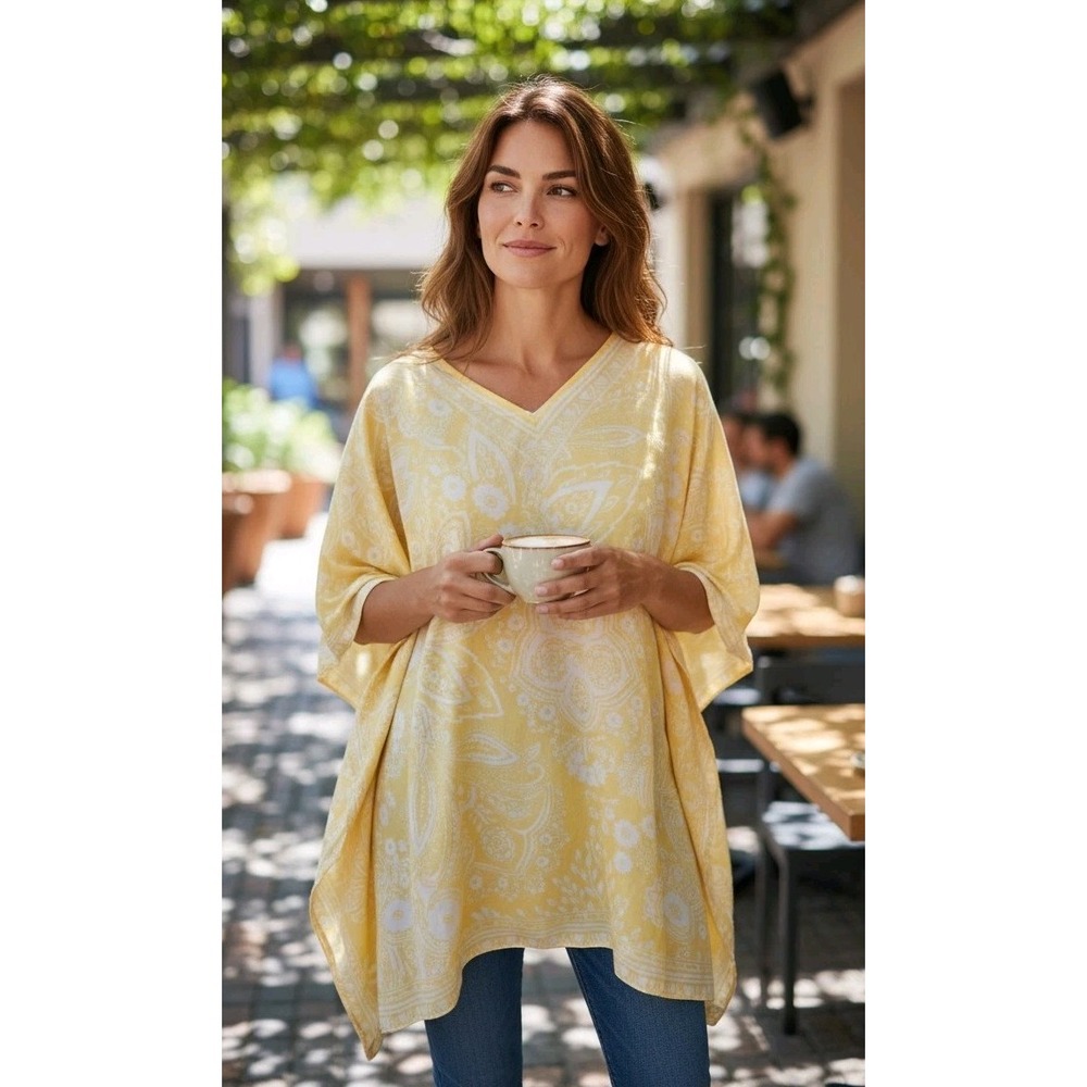 NWT Yellow Chico's Kimono Poncho Top Women's 100% Silk‎ Paisley OS Retail $78